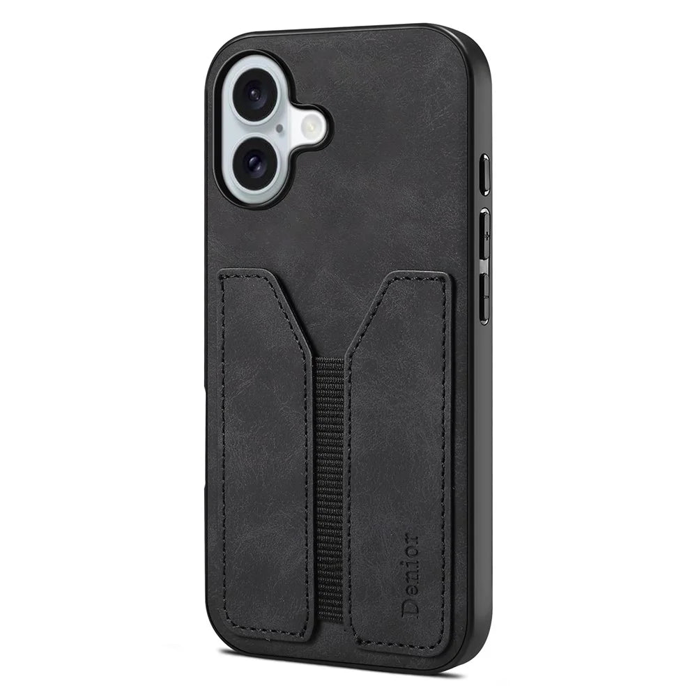 DENIOR For iPhone 17 Case Elastic Card Holder PU Leather + TPU + PC Phone Cover - Black - 1