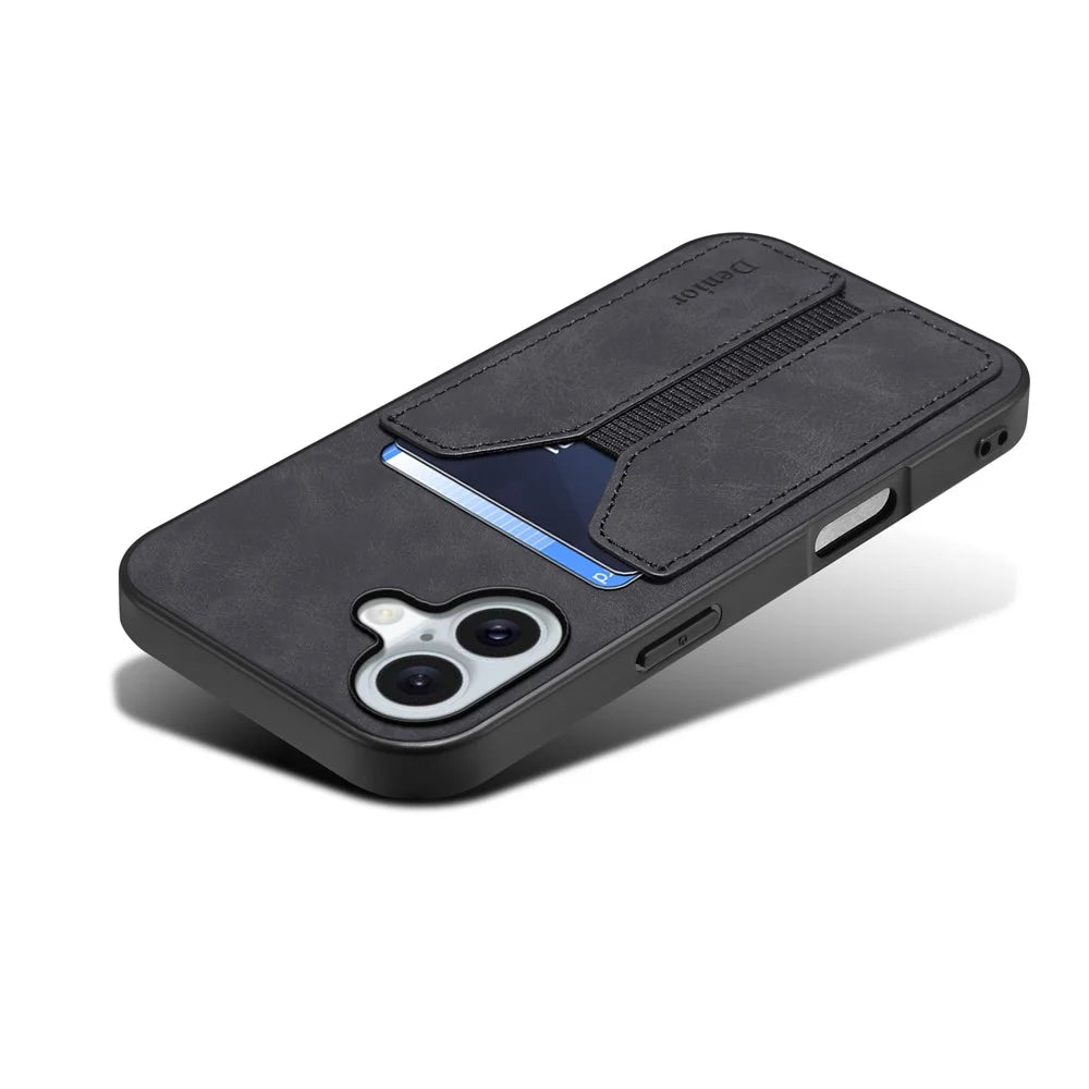 DENIOR For iPhone 17 Case Elastic Card Holder PU Leather + TPU + PC Phone Cover - Black - 3