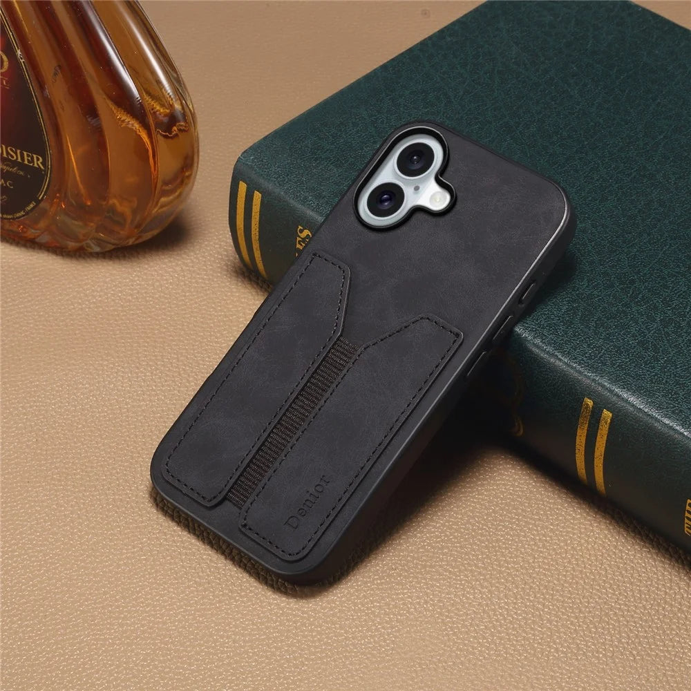 DENIOR For iPhone 17 Case Elastic Card Holder PU Leather + TPU + PC Phone Cover - Black - 5