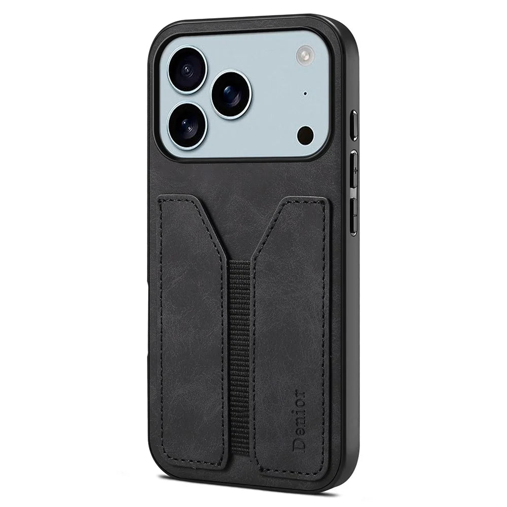 DENIOR For iPhone 17 Pro Case Elastic Card Holder PU Leather + TPU + PC Phone Cover - Black - 1