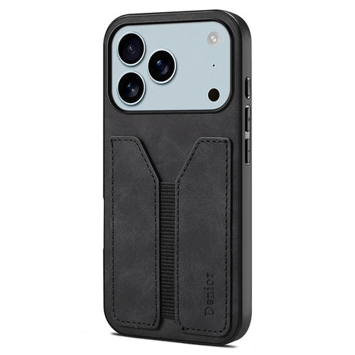 DENIOR For iPhone 17 Pro Max Case Elastic Card Holder PU Leather + TPU + PC Phone Cover - Black - 1