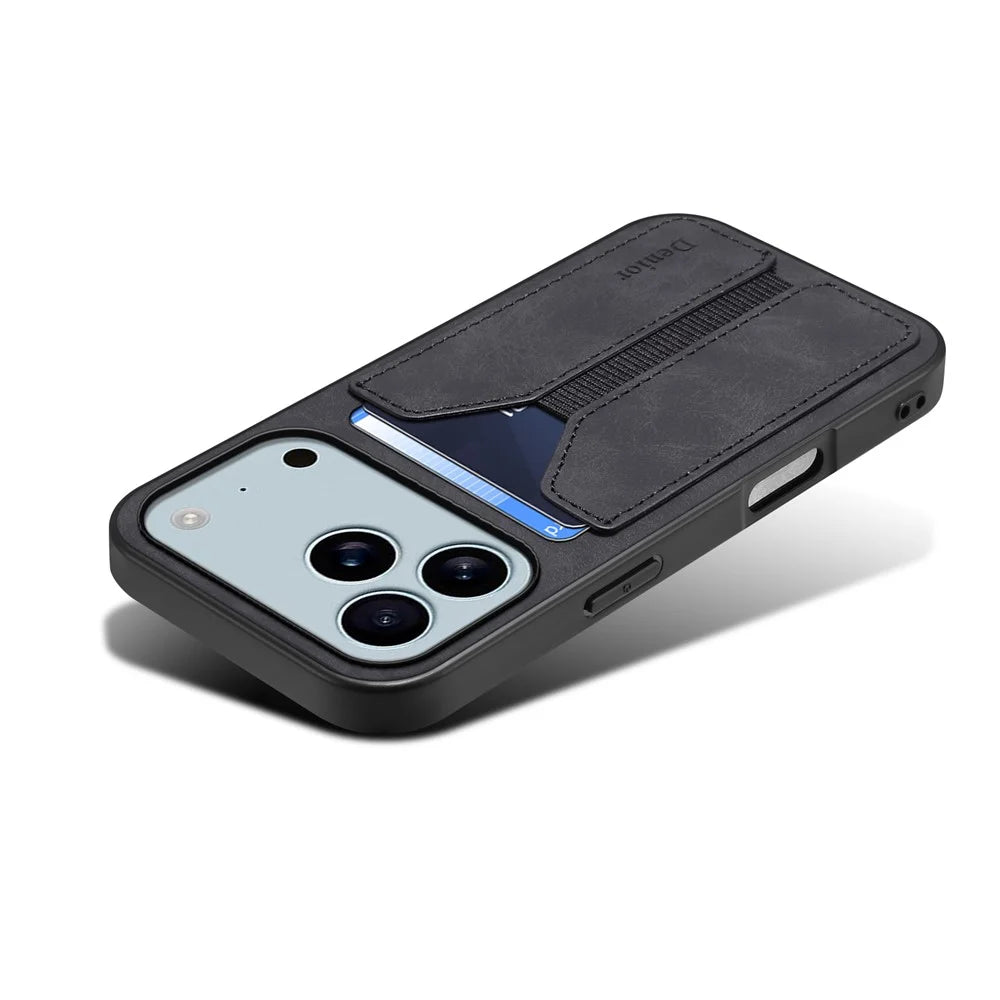 DENIOR For iPhone 17 Pro Max Case Elastic Card Holder PU Leather + TPU + PC Phone Cover - Black - 3
