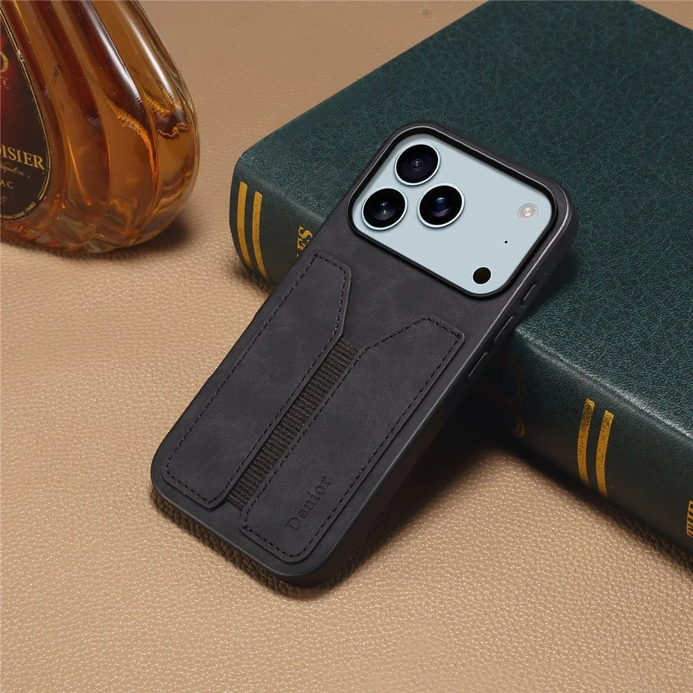 DENIOR For iPhone 17 Pro Max Case Elastic Card Holder PU Leather + TPU + PC Phone Cover - Black - 5