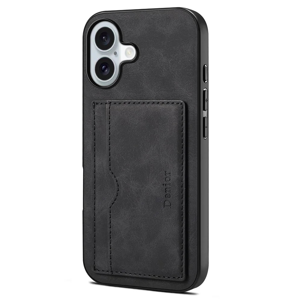 DENIOR For iPhone 17 Case Card Holder Kickstand Leather Phone Back Cover - Black - 1