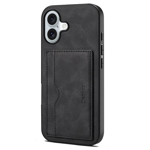 DENIOR For iPhone 17 Case Card Holder Kickstand Leather Phone Back Cover - Black - 1