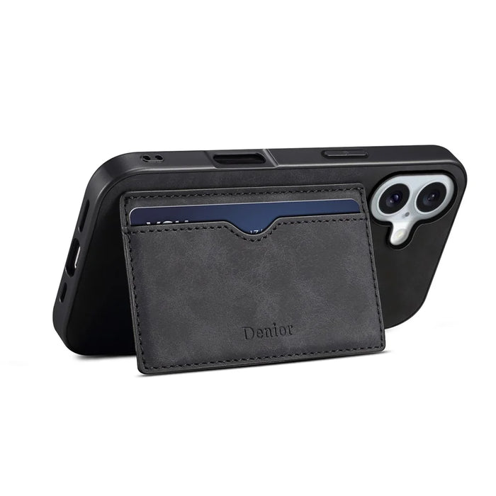 DENIOR For iPhone 17 Case Card Holder Kickstand Leather Phone Back Cover - Black - 3