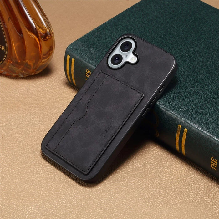 DENIOR For iPhone 17 Case Card Holder Kickstand Leather Phone Back Cover - Black - 5