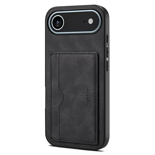 DENIOR For iPhone Air Case Card Holder Kickstand Leather Phone Back Cover - Black - 1