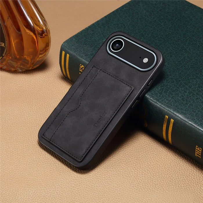 DENIOR For iPhone Air Case Card Holder Kickstand Leather Phone Back Cover - Black - 5