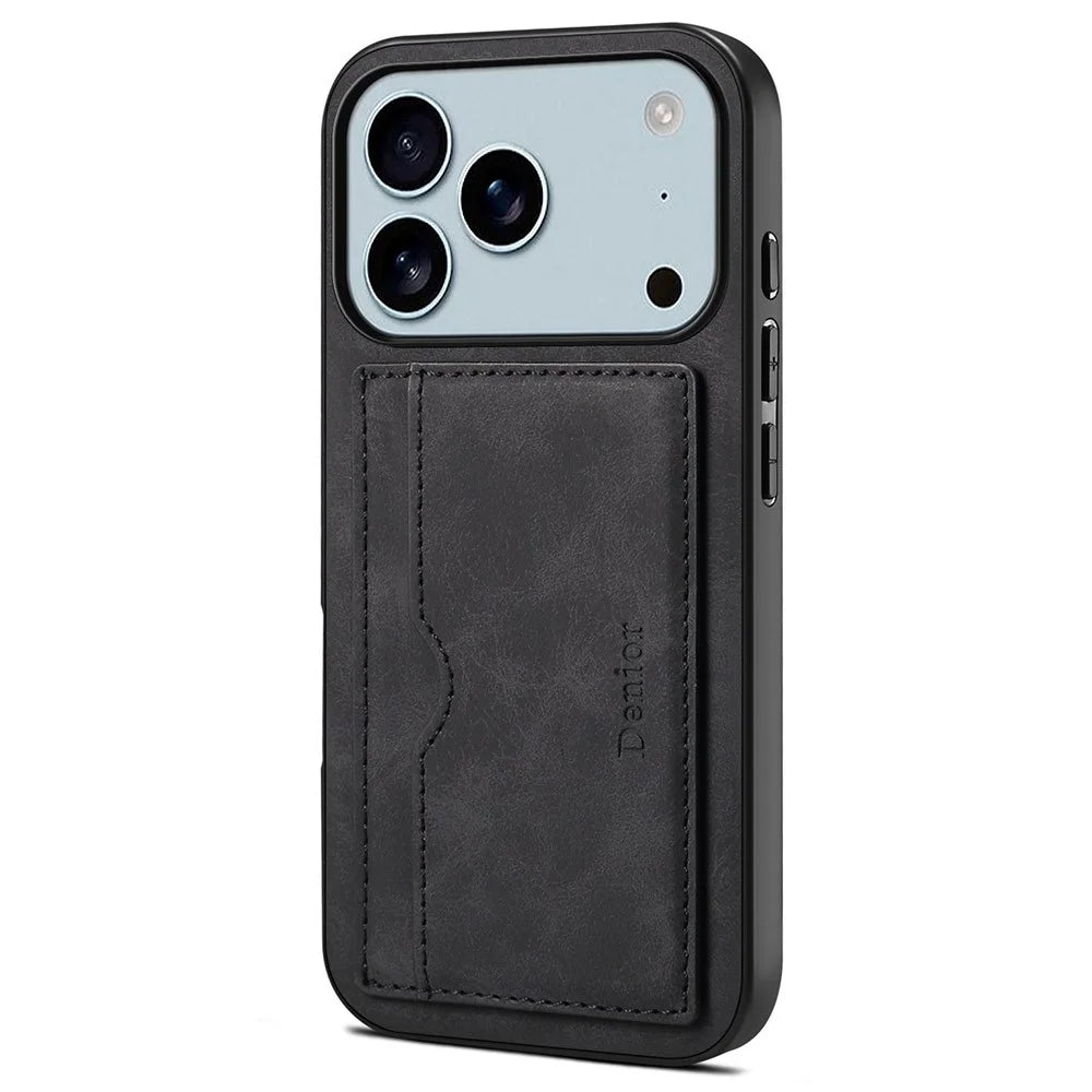 DENIOR For iPhone 17 Pro Case Card Holder Kickstand Leather Phone Back Cover - Black - 1