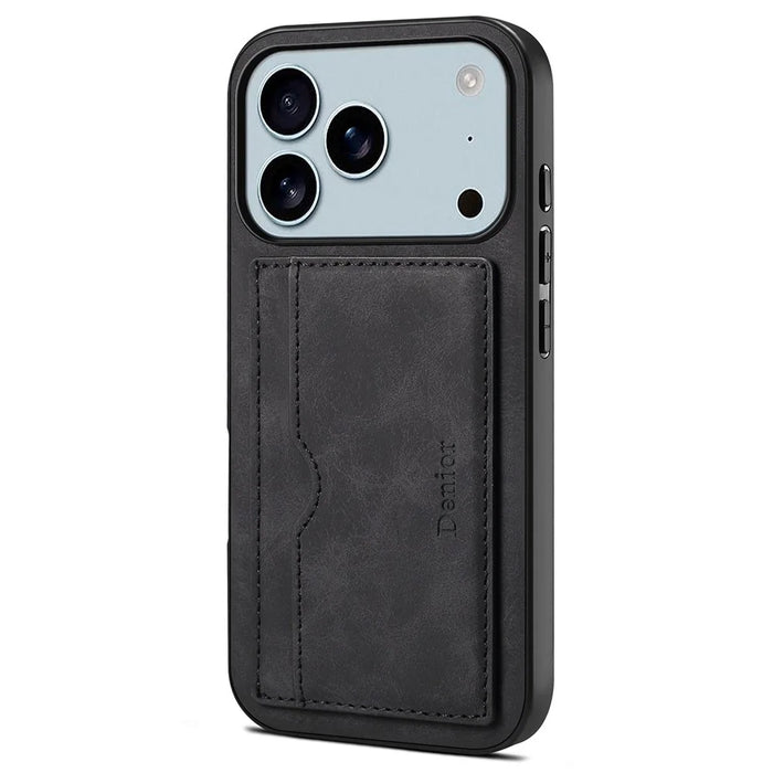 DENIOR For iPhone 17 Pro Case Card Holder Kickstand Leather Phone Back Cover - Black - 1