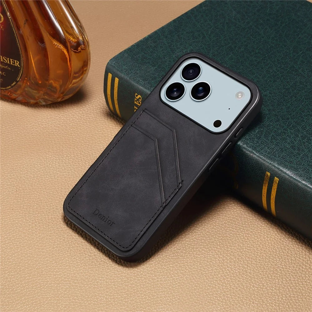 DENIOR For iPhone 17 Pro Case Dual Card Slots PU Leather + TPU + PC Phone Cover - Black - 5
