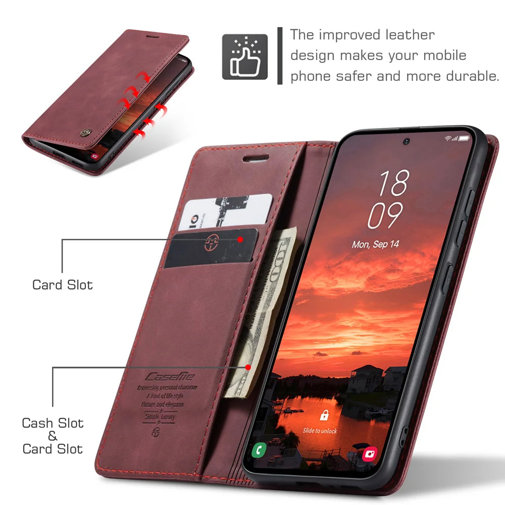 CASEME For Samsung Galaxy S25 FE Wallet Case  013 Series PU Leather Phone Cover Stand - Red - 3