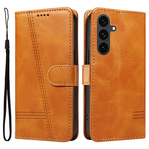 For Samsung Galaxy S25 FE Wallet Case T-Shape Lines Leather Phone Cover Stand - Brown - 1