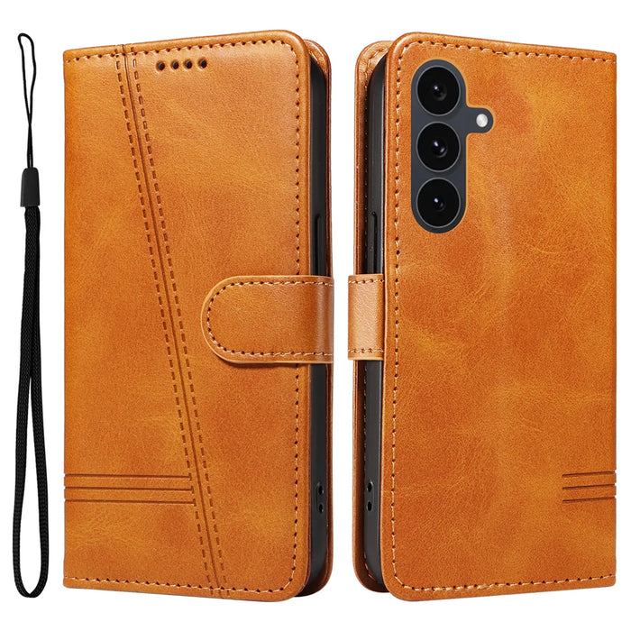 For Samsung Galaxy S25 FE Wallet Case T-Shape Lines Leather Phone Cover Stand - Brown - 1