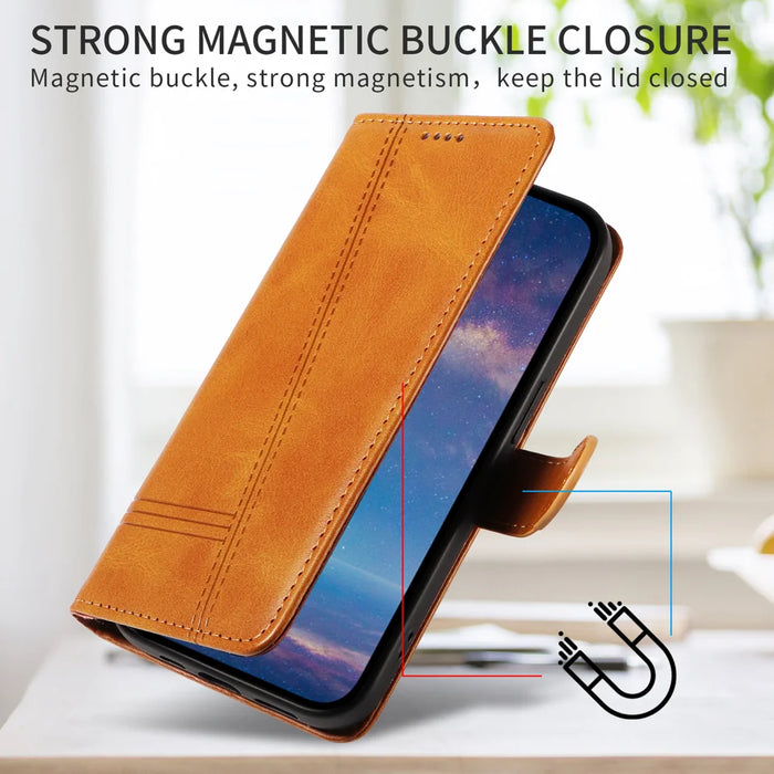 For Samsung Galaxy S25 FE Wallet Case T-Shape Lines Leather Phone Cover Stand - Brown - 5