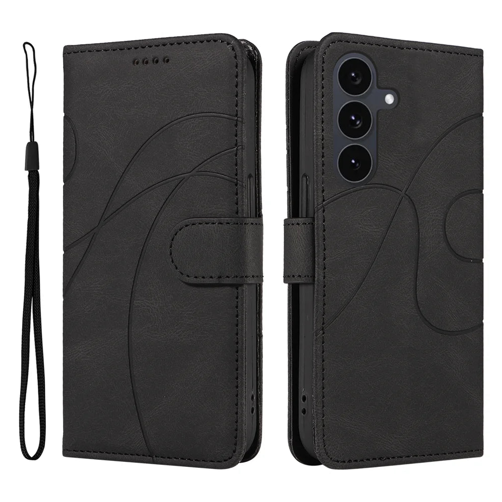 For Samsung Galaxy S25 FE Wallet Case Leather Phone Cover Stand with Curved Line Design -  Black - 1