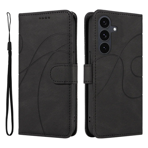 For Samsung Galaxy S25 FE Wallet Case Leather Phone Cover Stand with Curved Line Design -  Black - 1