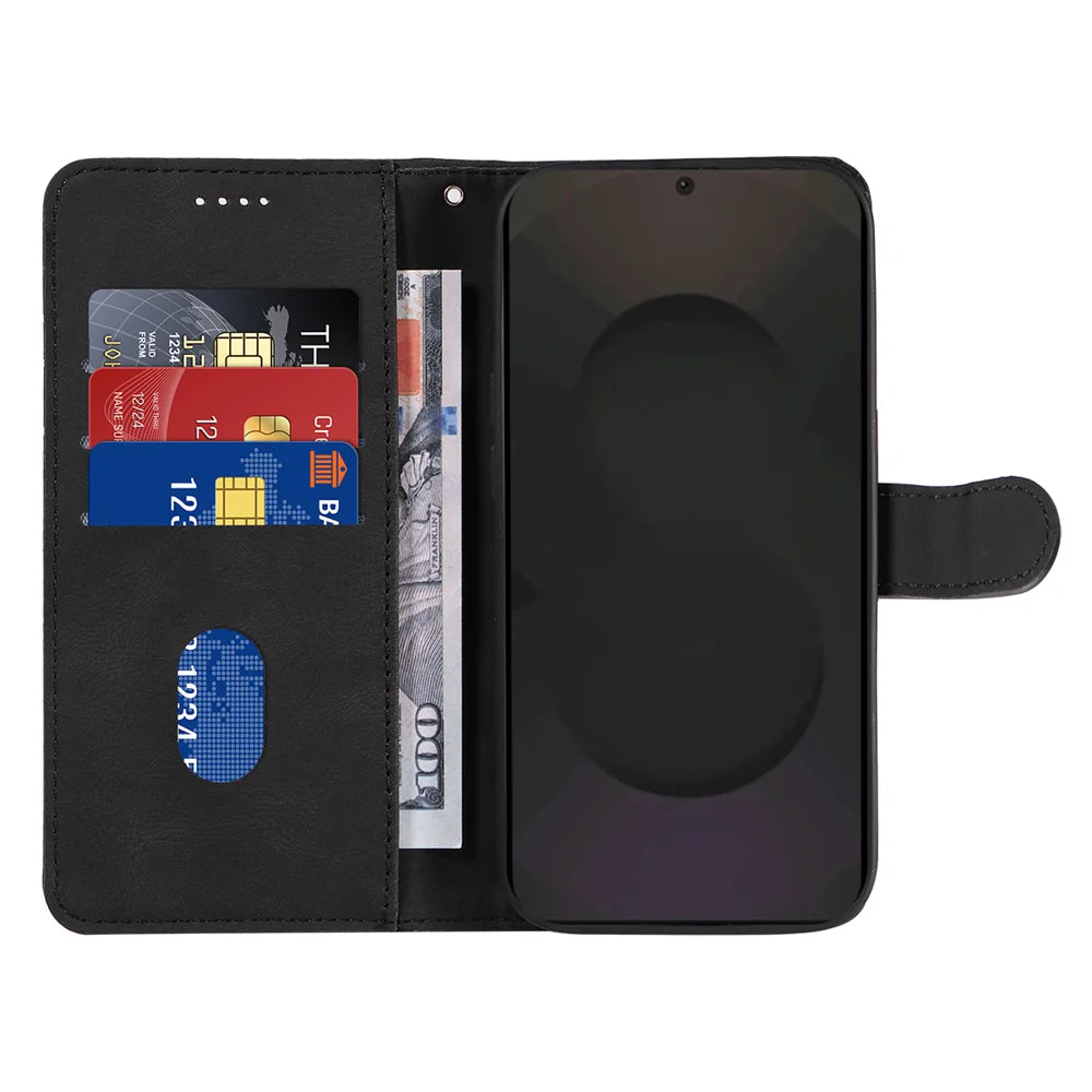 For Samsung Galaxy S25 FE Wallet Case Leather Phone Cover Stand with Curved Line Design -  Black - 2