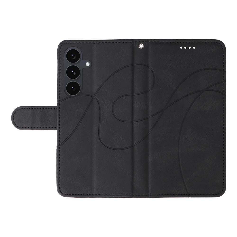 For Samsung Galaxy S25 FE Wallet Case Leather Phone Cover Stand with Curved Line Design -  Black - 3