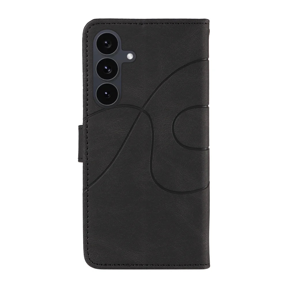 For Samsung Galaxy S25 FE Wallet Case Leather Phone Cover Stand with Curved Line Design -  Black - 7