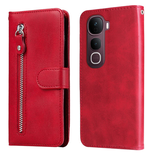 For vivo Y400 Pro 5G / vivo V40e 5G PU Leather Cases with Zipper Pocket Wallet Phone Cover Stand - Red - 1