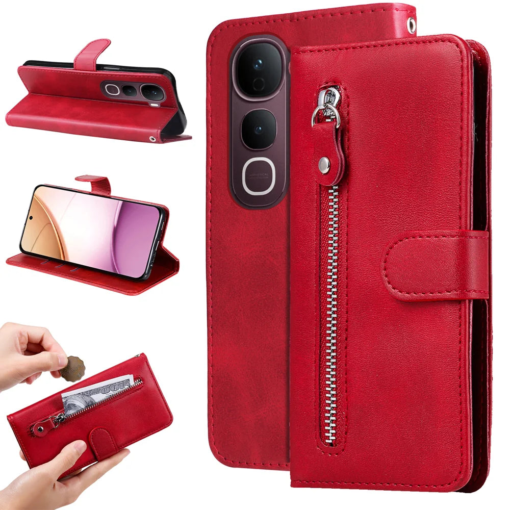 For vivo Y400 Pro 5G / vivo V40e 5G PU Leather Cases with Zipper Pocket Wallet Phone Cover Stand - Red - 2