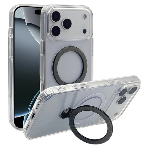 For iPhone 17 Pro Max Case TPU + Acrylic Clear Phone Cover with Glitter Ring Kickstand - Black - 1