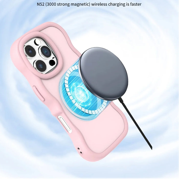 For iPhone 16 Pro Max Magnetic Case Wave Edge TPU + Acrylic Phone Cover with Mirror Kickstand - Pink - 4