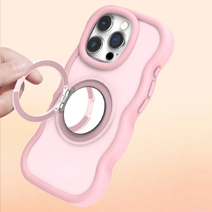 For iPhone 16 Pro Max Magnetic Case Wave Edge TPU + Acrylic Phone Cover with Mirror Kickstand - Pink - 5