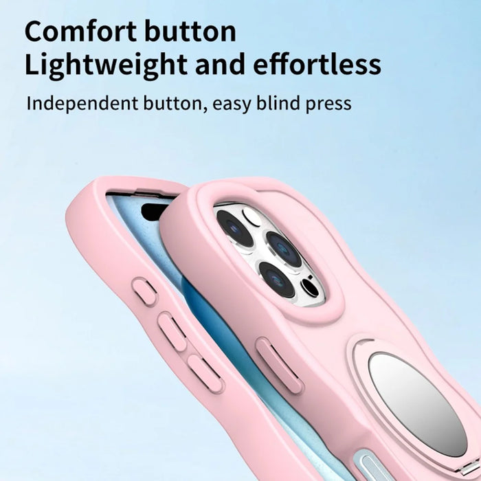 For iPhone 16 Pro Max Magnetic Case Wave Edge TPU + Acrylic Phone Cover with Mirror Kickstand - Pink - 6