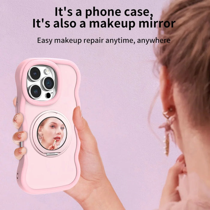 For iPhone 16 Pro Max Magnetic Case Wave Edge TPU + Acrylic Phone Cover with Mirror Kickstand - Pink - 7