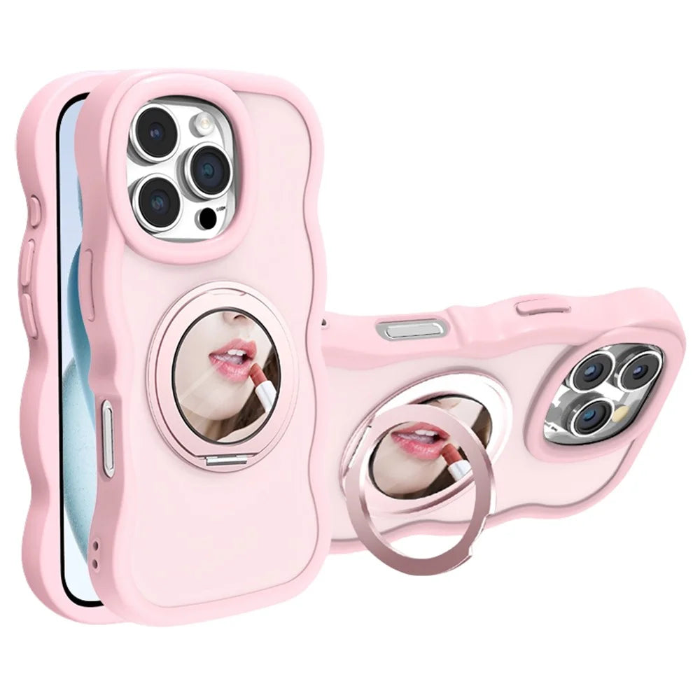 For iPhone 16 Pro Magnetic Case Wave Edge TPU + Acrylic Phone Cover with Mirror Kickstand - Pink - 1