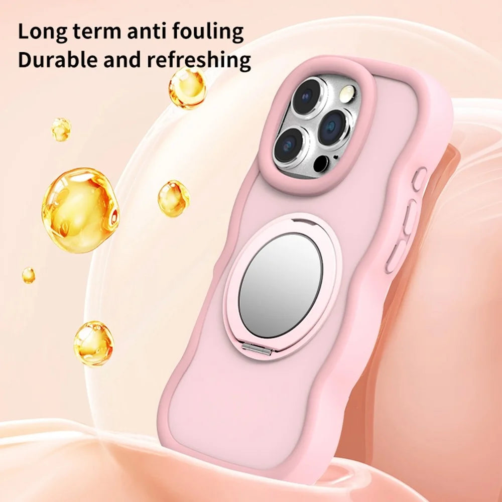 For iPhone 16 Pro Magnetic Case Wave Edge TPU + Acrylic Phone Cover with Mirror Kickstand - Pink - 3
