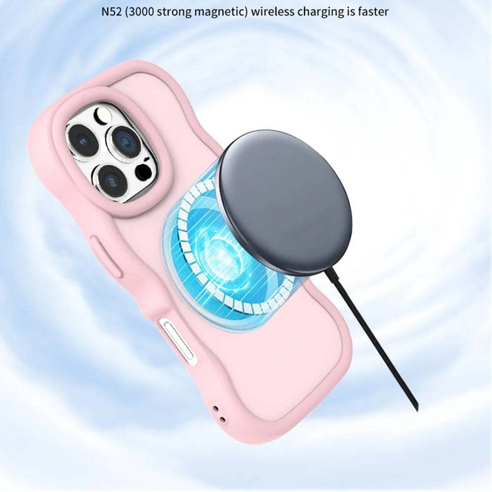 For iPhone 16 Pro Magnetic Case Wave Edge TPU + Acrylic Phone Cover with Mirror Kickstand - Pink - 4