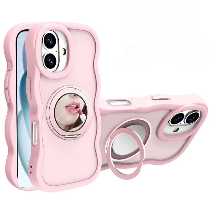 For iPhone 16 Magnetic Case Wave Edge TPU + Acrylic Phone Cover with Mirror Kickstand - Pink - 1