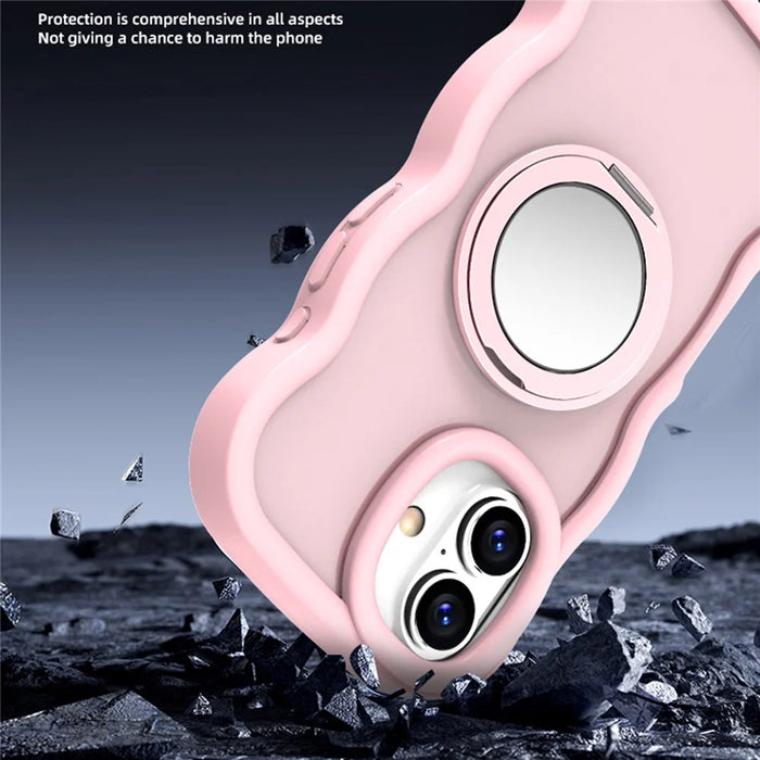 For iPhone 16 Magnetic Case Wave Edge TPU + Acrylic Phone Cover with Mirror Kickstand - Pink - 6