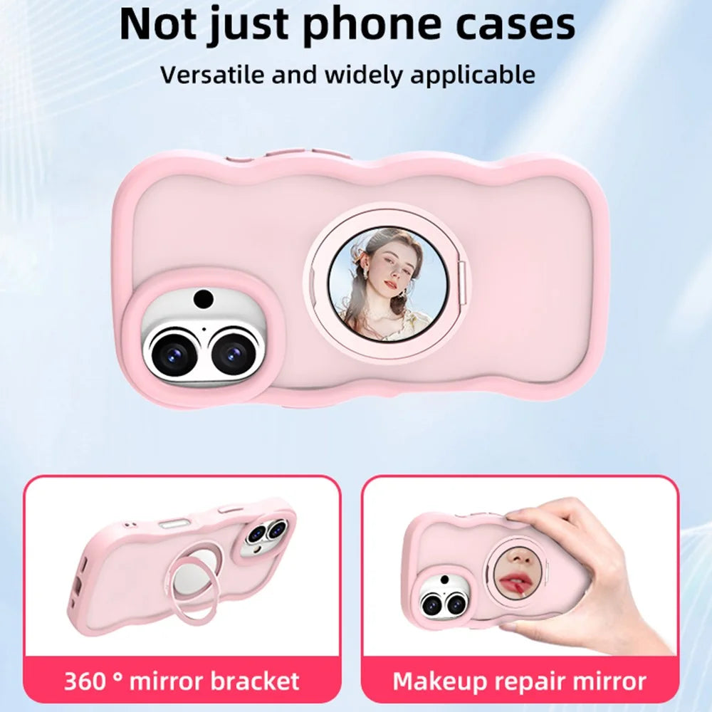 For iPhone 16 Plus Magnetic Case Wave Edge TPU + Acrylic Phone Cover with Mirror Kickstand - Pink - 4