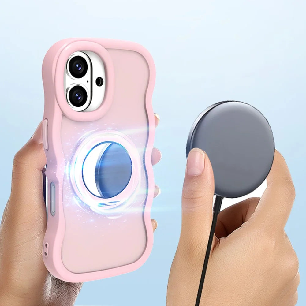 For iPhone 16 Plus Magnetic Case Wave Edge TPU + Acrylic Phone Cover with Mirror Kickstand - Pink - 5