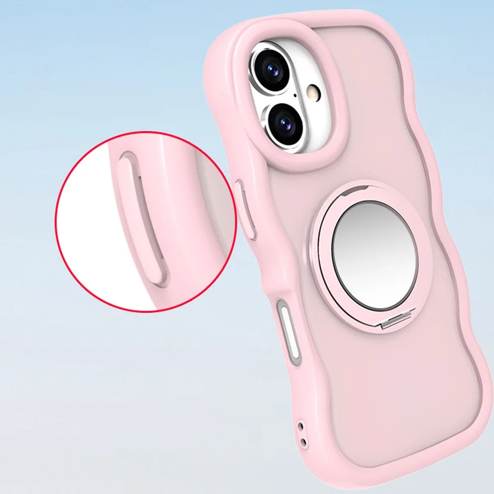For iPhone 16 Plus Magnetic Case Wave Edge TPU + Acrylic Phone Cover with Mirror Kickstand - Pink - 7