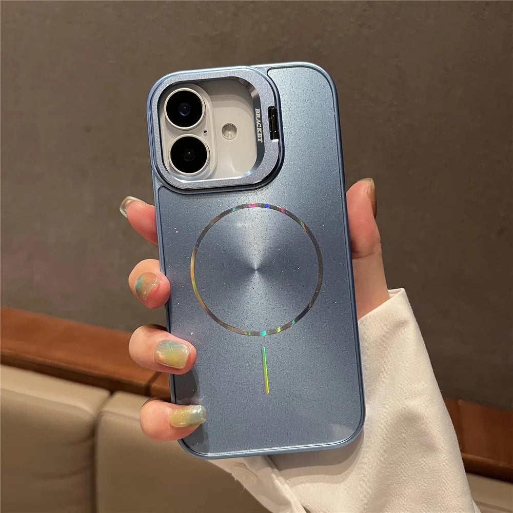 For iPhone 16 Case Compatible with MagSafe Starry Glitter PC Phone Cover Case with Lens Frame Kickstand - Blue - 1