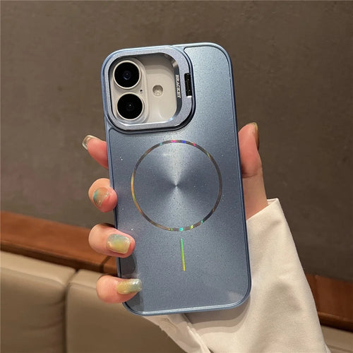 For iPhone 16 Case Compatible with MagSafe Starry Glitter PC Phone Cover Case with Lens Frame Kickstand - Blue - 1