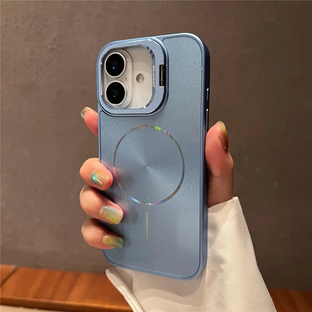For iPhone 16 Case Compatible with MagSafe Starry Glitter PC Phone Cover Case with Lens Frame Kickstand - Blue - 2