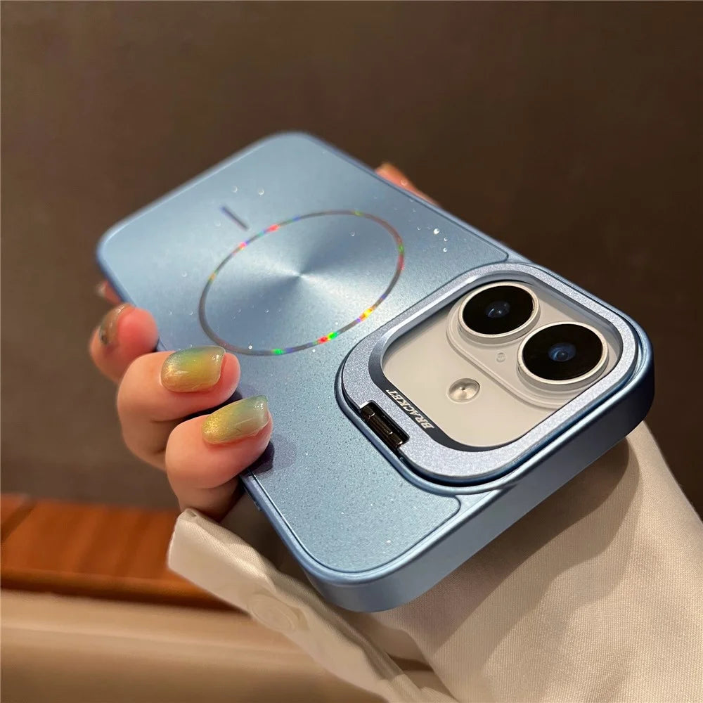 For iPhone 16 Case Compatible with MagSafe Starry Glitter PC Phone Cover Case with Lens Frame Kickstand - Blue - 3
