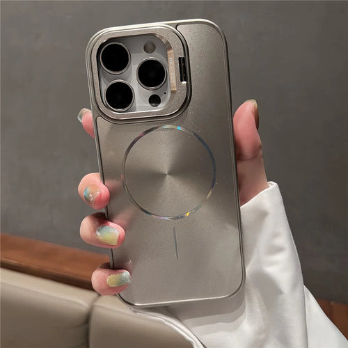 For iPhone 16 Pro Max Case Compatible with MagSafe Starry Glitter PC Phone Cover Case with Lens Frame Kickstand - Grey - 1