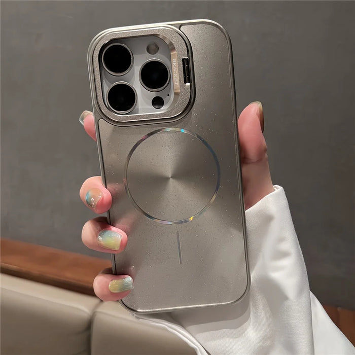 For iPhone 16 Pro Max Case Compatible with MagSafe Starry Glitter PC Phone Cover Case with Lens Frame Kickstand - Grey - 1
