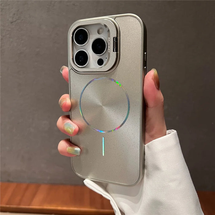 For iPhone 16 Pro Max Case Compatible with MagSafe Starry Glitter PC Phone Cover Case with Lens Frame Kickstand - Grey - 3
