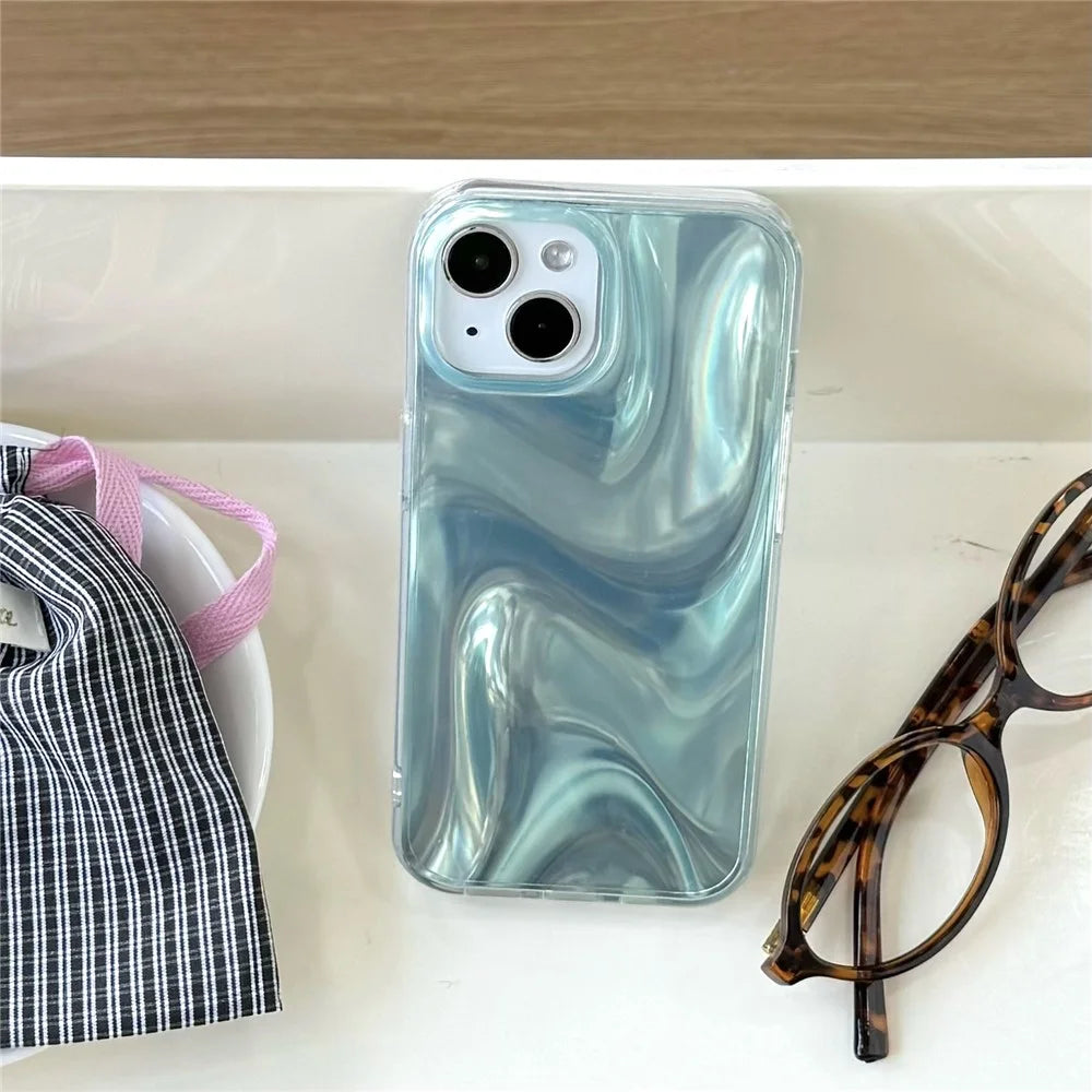 For iPhone 15 Case Satin Swirl Texture Double-Sided IMD TPU Phone Cover - Green - 4