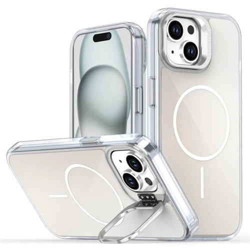 For iPhone 15 Case Compatible with MagSafe TPU + Acrylic Gradient Phone Cover with Kickstand - White - 1