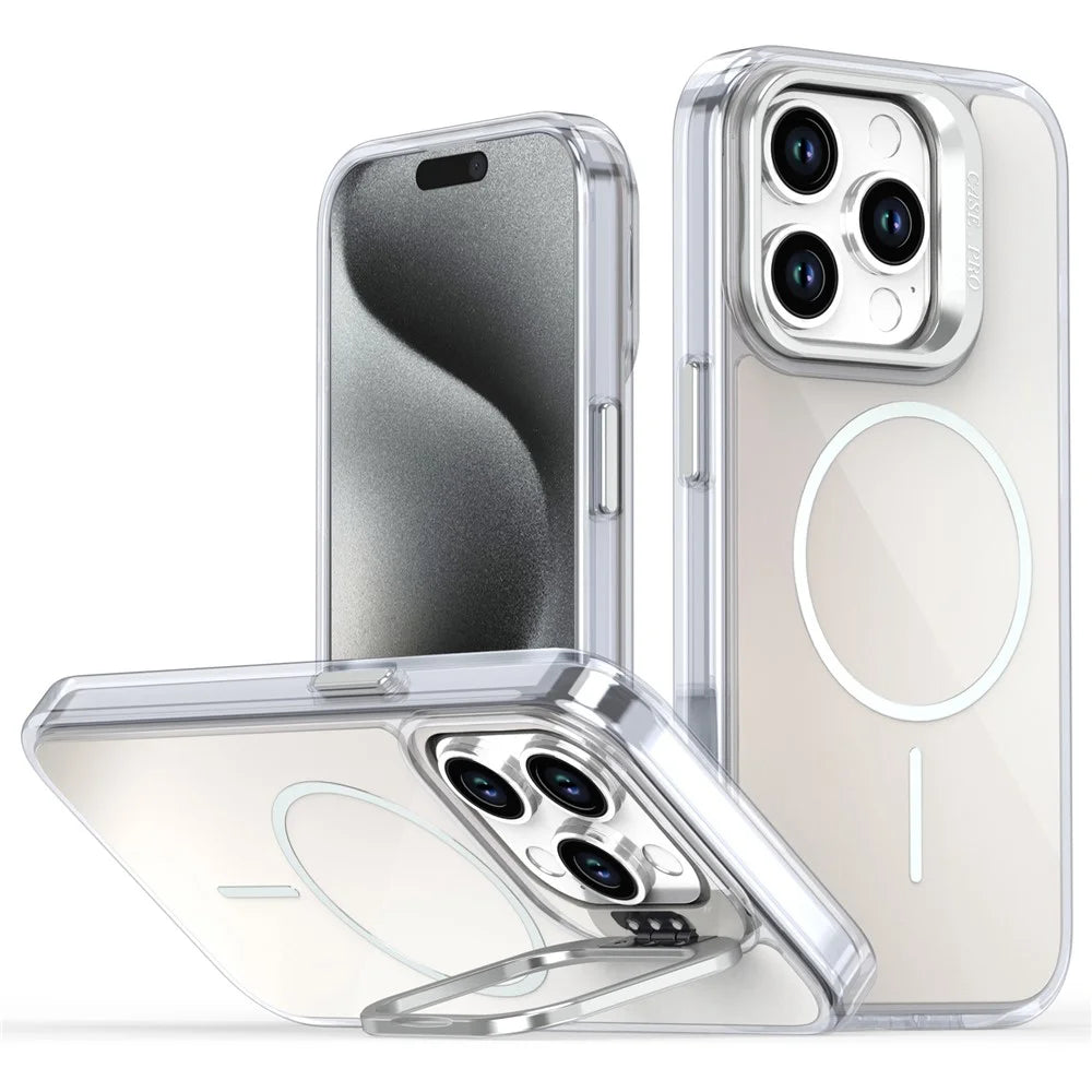 For iPhone 15 Pro Case Compatible with MagSafe TPU + Acrylic Gradient Phone Cover with Kickstand - White - 1